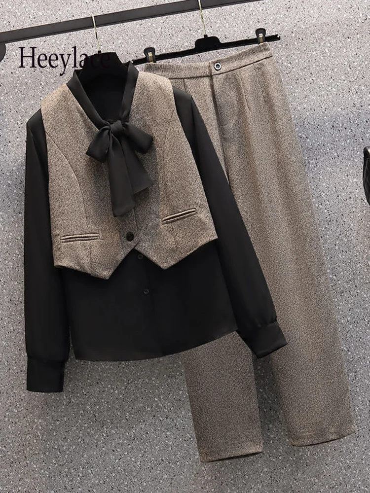 

Женский офисный комплект из двух предметов, элегантный лоскутный Топ с длинным рукавом и воротником-бантом и длинные брюки, Осень-зима 4XL