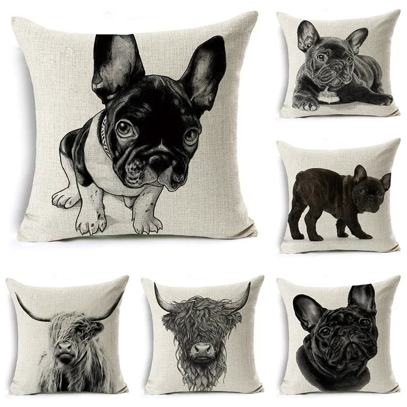 

45X45CM MINI French Bulldog Pillow Case for Home Sofa Car Home Decor Cute Pet Animal Dog Cushion Cover Linen Pillowcase