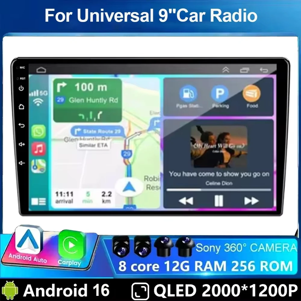 Фото Автомагнитола Android 16, 32 ГБ/64 ГБ, 2 DIN, 9 дюймов, универсальная, с Wi-Fi и GPS, мультимедийный проигрыватель для Hyundai, Nissan, Toyota, Kia. №1