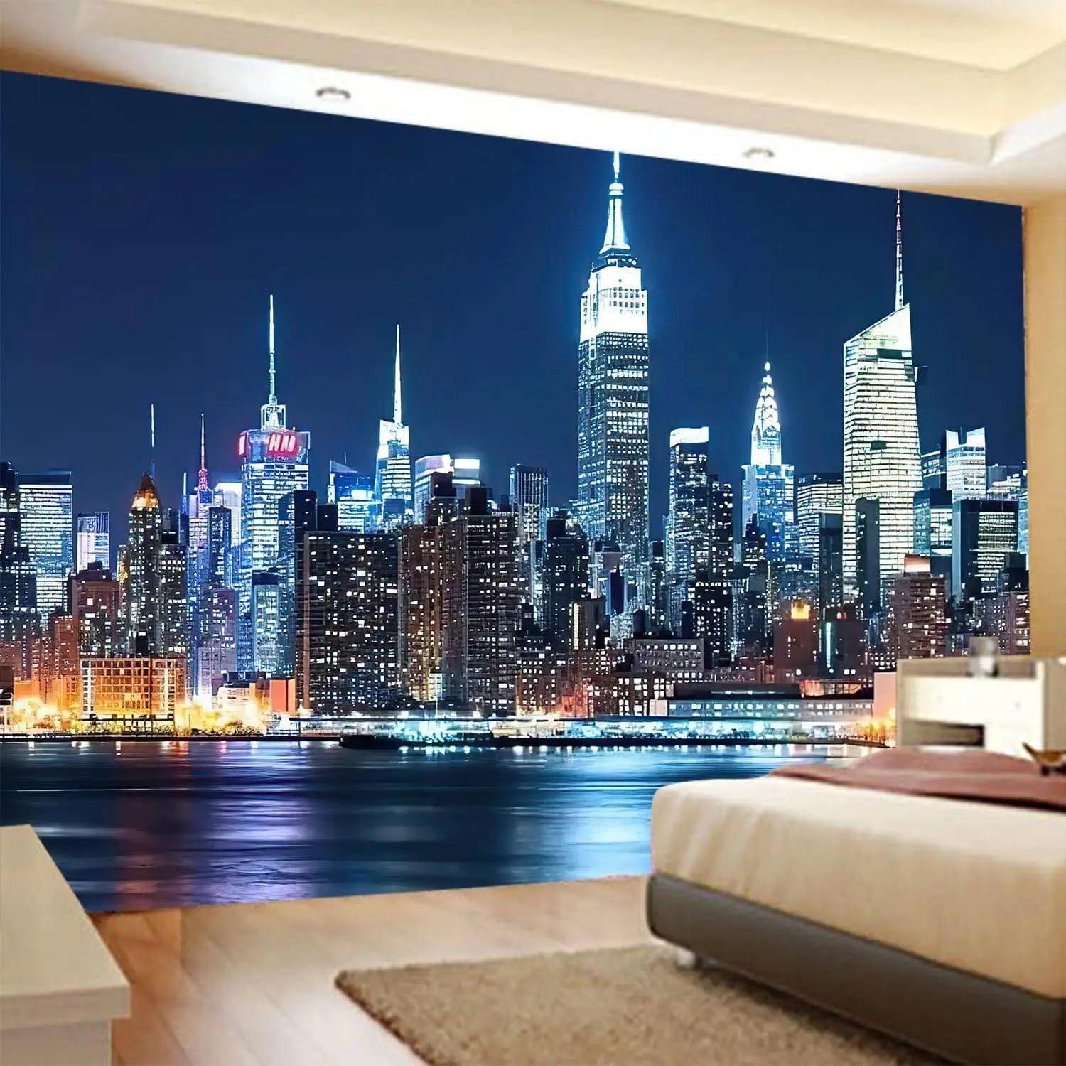 Фото Гобелен New York Skyline — вид на город окно с рекой и ночными огнями для декора гостиной, спальни или общежития №2