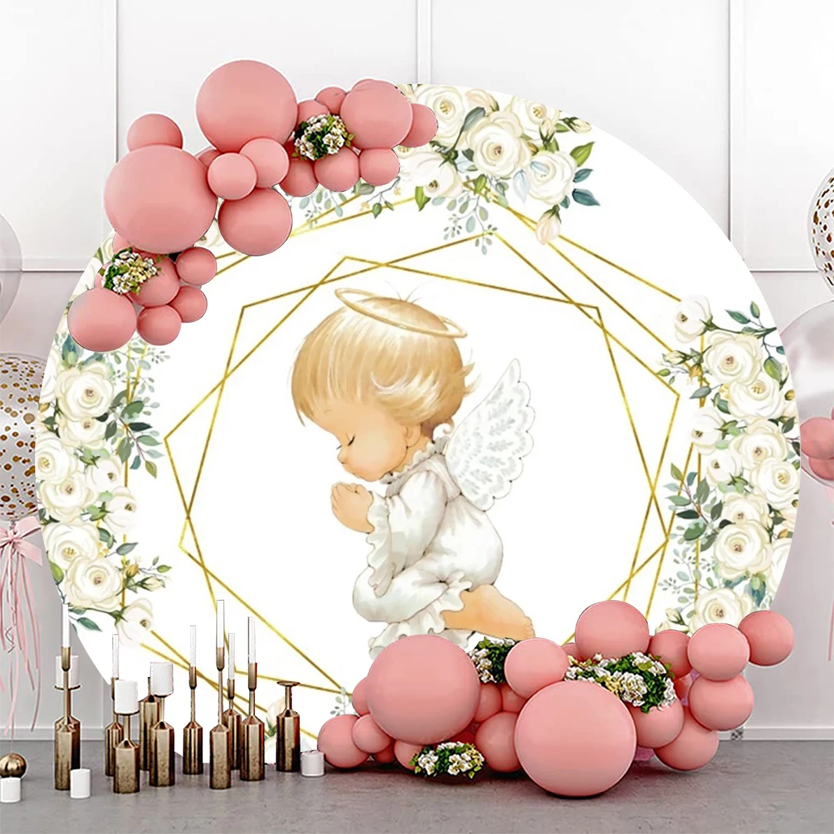 

My Baptism Round Backdrop Holy First Communion Boy Angel Baby Shower Christening Party Flower Decoration Circle Background Cover