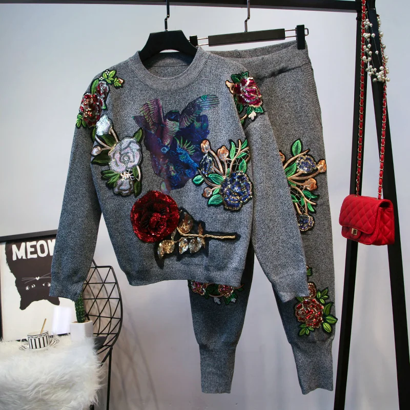 

Manual Sequin Flower Embroidery Bird Print Knit Tracksuit Suit Women O Neck Pullover Top Pencil pant Female Casual Knitwear Sets