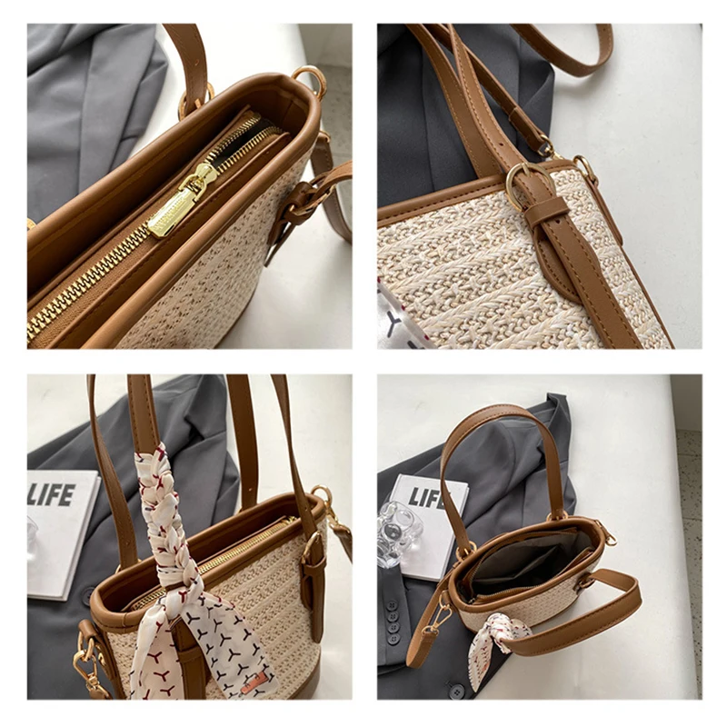 Women Casual Straw Woven Bag Lady Vocation Drawstring Cover Bucket Shoulder Bag Female Summer Outdoor Shopping Handbags