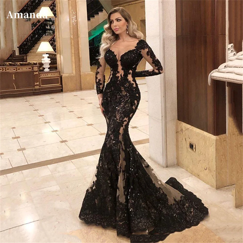 

Amanda Black Mermaid Prom Dress Lace Embroidery вечернее платье люкс 2023 Sexy V-neck Party Dress Long Sleeve Evening Dress