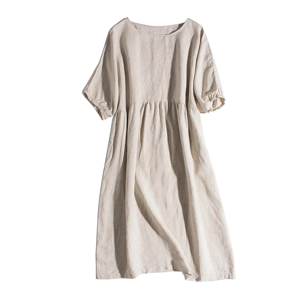 

Cotton and linen summer dress 2022 women short sleeve o-neck A-line loose midi dress Korean style casual navy blue clothes