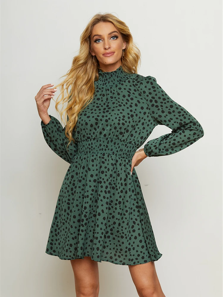

Spring Summer Green Basic Vintage Dress Women's Print Ruffle Elegant Fashion Long Sleeve Beach Sexy Mini Short Prom Dress