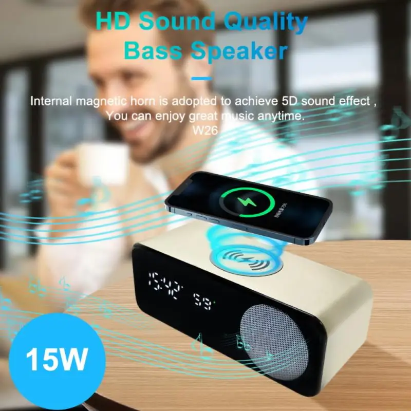 

3 IN 1 Digital LED Desk Alarm Clock Speaker Thermometer 15W Wireless Charger With Qi Wireless Charging Pad Electric Alarm Clock