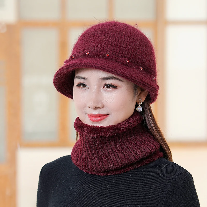 

New Women Winter Thick Warm Add Fur Lined Knitted Hat Scarf Set For Fashion Rhinestones Middle-Aged Mother Rabbit Fur Bucket Hat