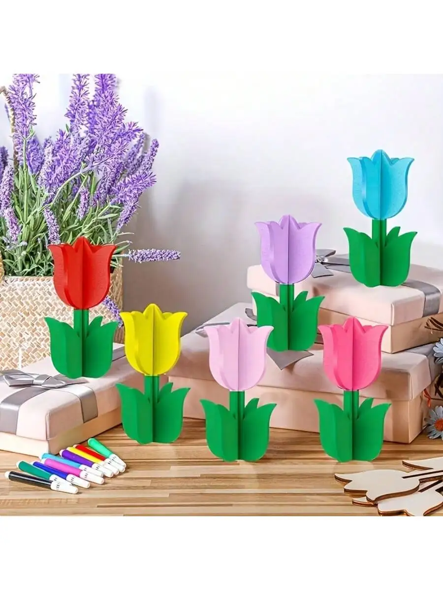 Фото 6/12/24 незаконченные деревянные DIY форма тюльпана в сборе 3D деревянные кусочки окрашенные тюльпаны деревянные поделки на Пасху День матери Отца D №5