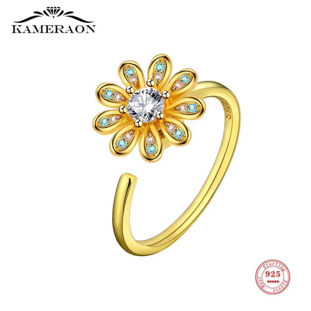 

S925 Sterling Silver AAA Zricon Flower Rotatable Ring Opening Adjustable for Female Birthday Wedding Fine Jewelry Gifts