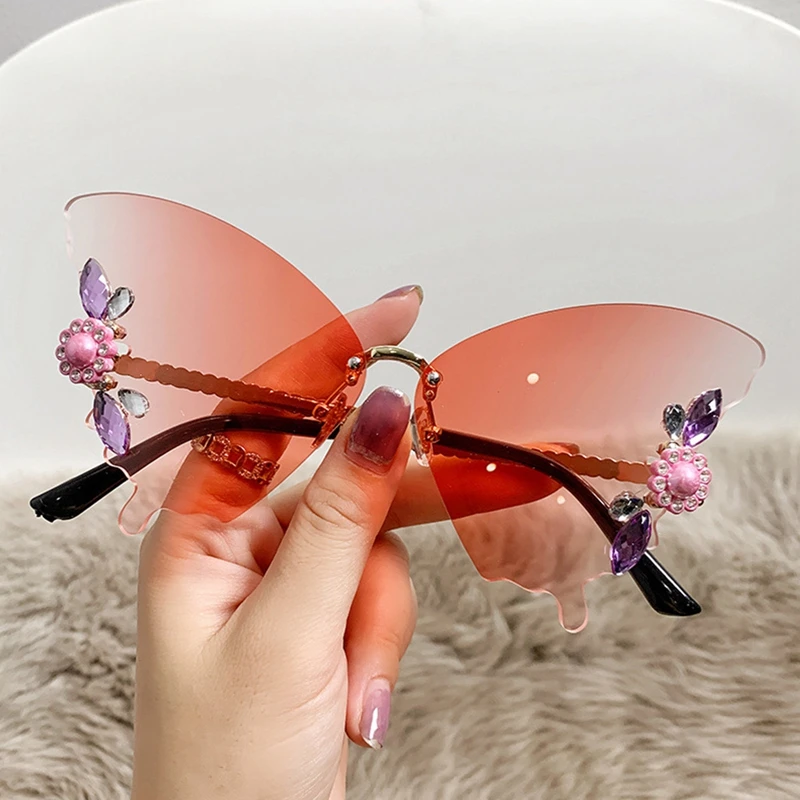 

Очки солнцезащитные женские без оправы, роскошные брендовые винтажные большие солнечные очки с бриллиантами и бабочками, y2k
