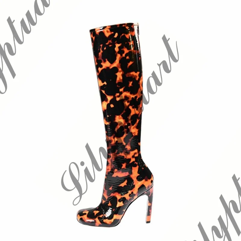 Autumn Women's Fashion Leopard Print Knee Boots PU Leather Lace Up High Heels Boots Square Toe Large Size 43 Knee High Boots
