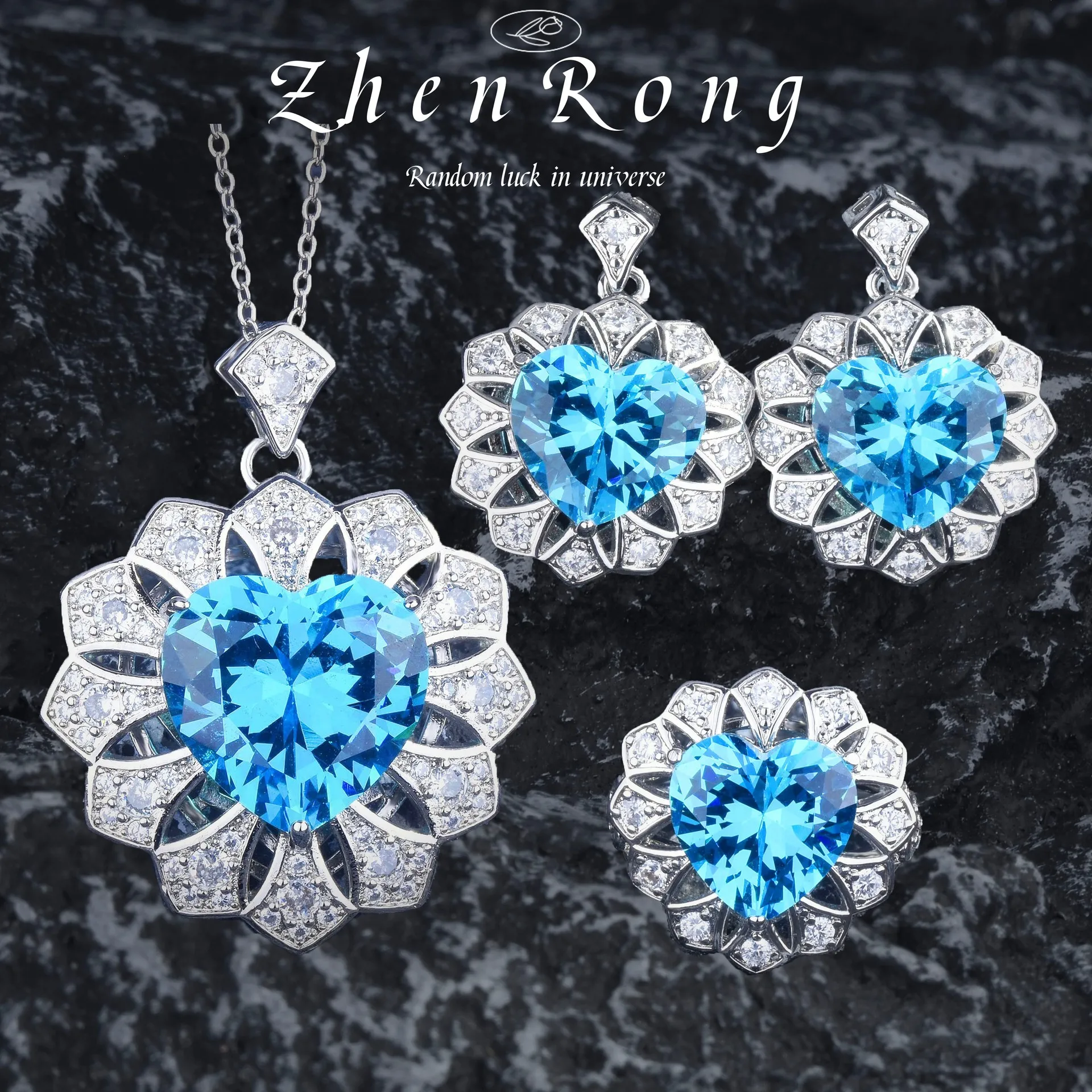

Romantic Heart of Ocean Blue Love Forever Jewelry Sets For Women Crystal Pendant Necklaces Earrings Rings Valentine's Day Gifts