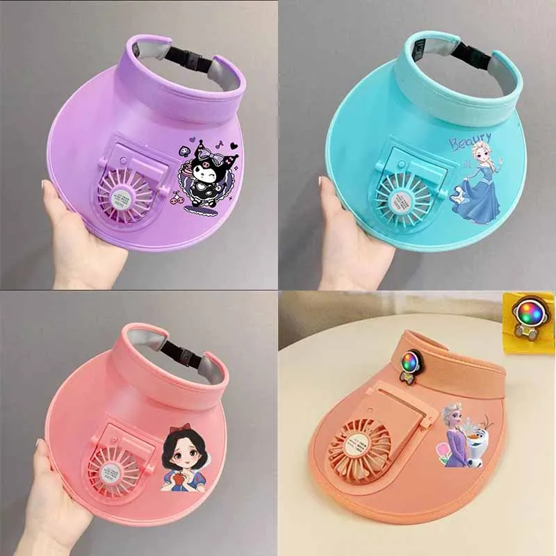 

Kawaii Cartoon Kuromi Summer Fan Cooling Peaked Cap Usb Charging Breathable Disney Princess Outdoor Adjustable Empty Top Hat New
