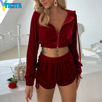 yiciya womens clothes wine red velvet zipper hooded drawstring short cardigan shorts set home clothes woman two pieces summer