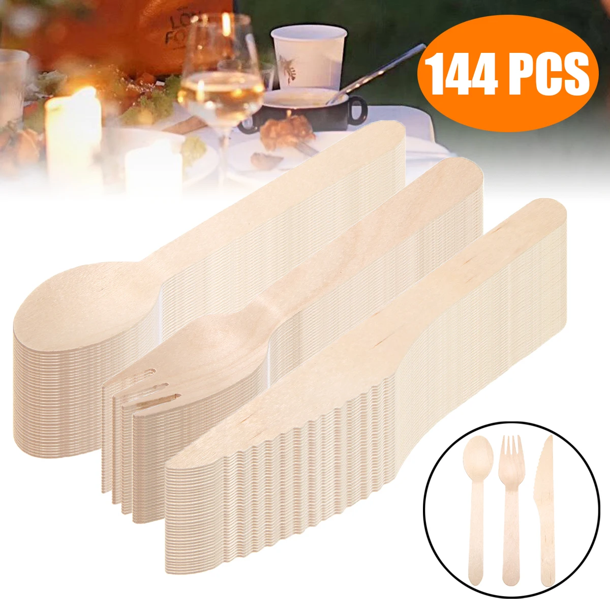 

144pcs/set Disposable Wooden Cutlery Forks Spoons Dessert Utensils Party Home Tableware