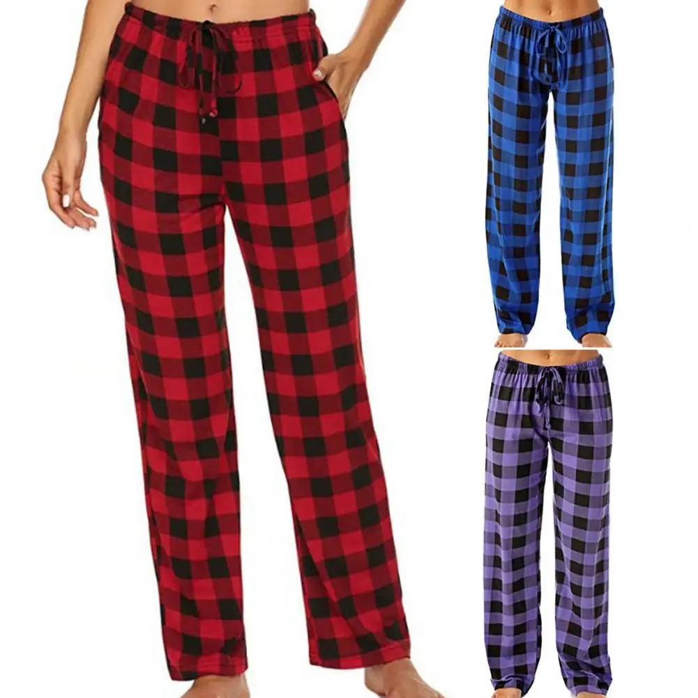 

Wide Legs Sleep Pants Lightweight Drawstring Design Universal Plaid Pajama Sleepwear Stretch Drawstring Trousers