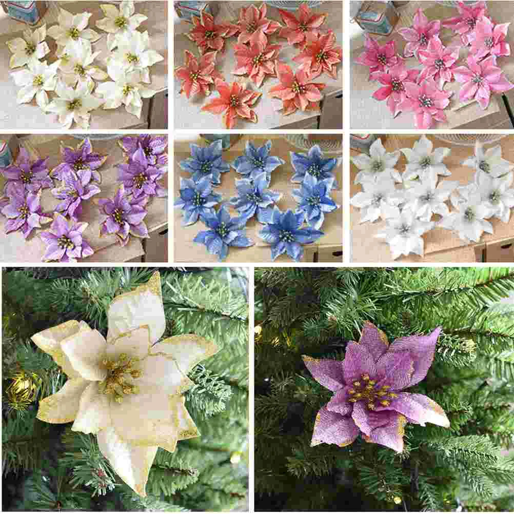 

Christmas Flowers Poinsettia Artificial Tree Decorations Fake Glitter Flowerdecorative Silver Ornaments Blue Poinsettias