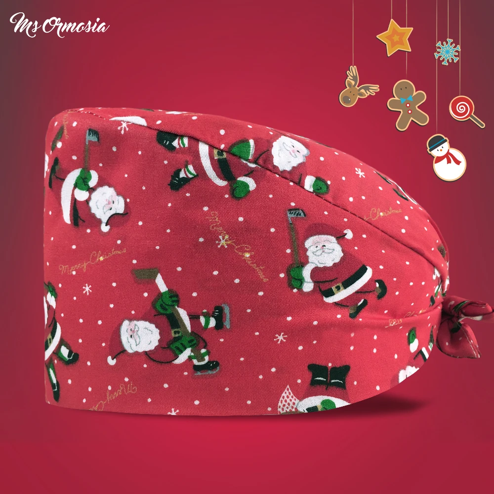

Christmas Print Pet Shop Scrubs Hat Beauty Salon Scrubs Cap Dentistry Ground Cap Tieback Strap Sweatband Adjustable Nursing Caps
