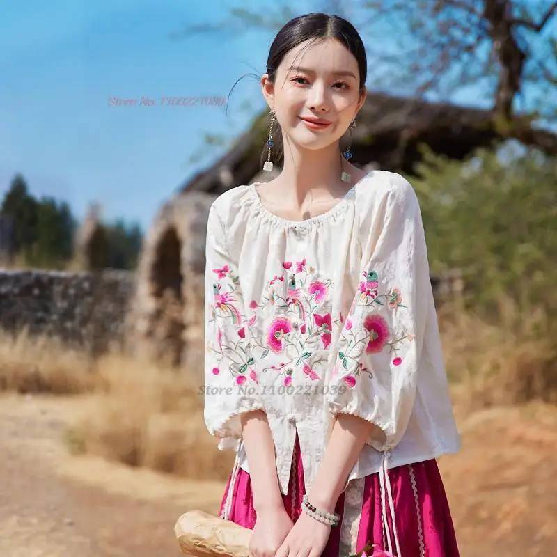 

2023 китайская винтажная Блузка camisa hanfu, топы, хлопковая льняная Этническая блузка, Ретро рубашка hanfu с цветочной вышивкой, этнический костюм Тан