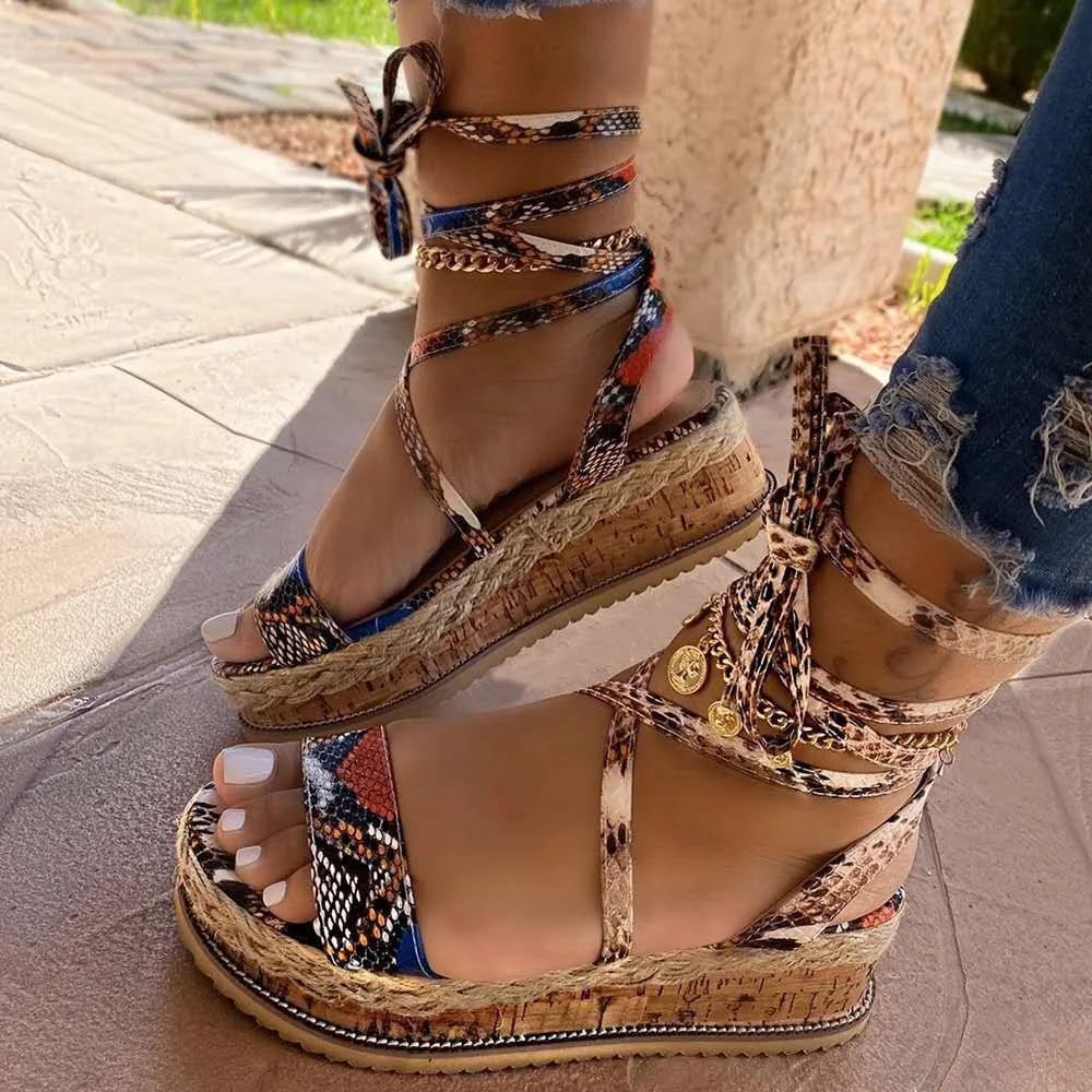 

LZXGSJ Sandals Women Flip-Flops Leopard Print Roman Style Lace-Up Flats Sandals Open Toe Ankle Straps Outdoor Sandals 2021