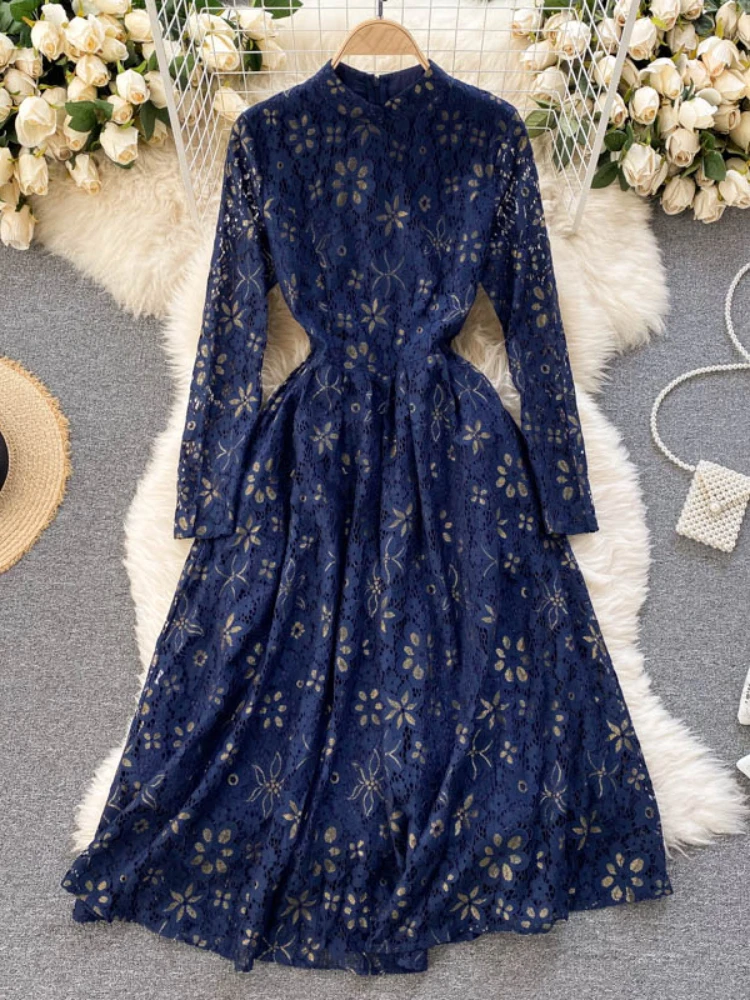 

LY VAREY LIN New Spring Autumn Lace Dress Women Elegant Stand Collar A-line Dress Lady Fashion Slim Solid Color High Waist Dress