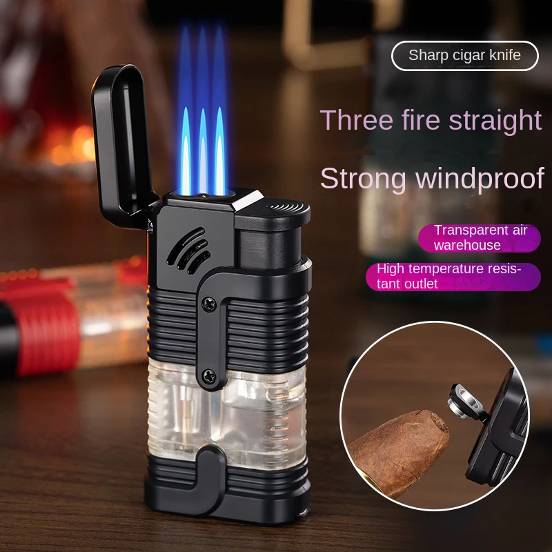 

Portable Windproof Cigar Lighter with Cigar Punching Knife Butane Gas Lighter Three Flame Smoking Accessories Mini Jet Lighters