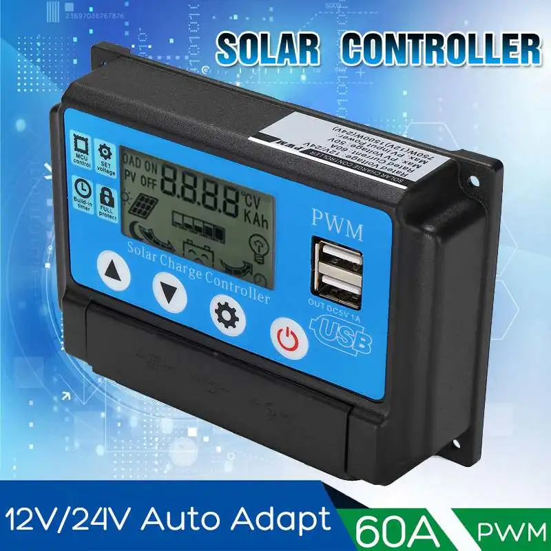 

Solar Charge Controller PWM 60A Solar Power Regulator 12V 24V Auto Adjustable Dual USB LCD Display Load Discharger