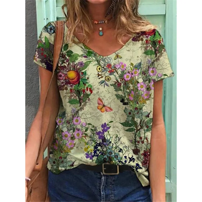 2022 New European and American Independent Station Pullover T Street Short Sleeve 10 Color Loose Women's V-Neck Flower Printed