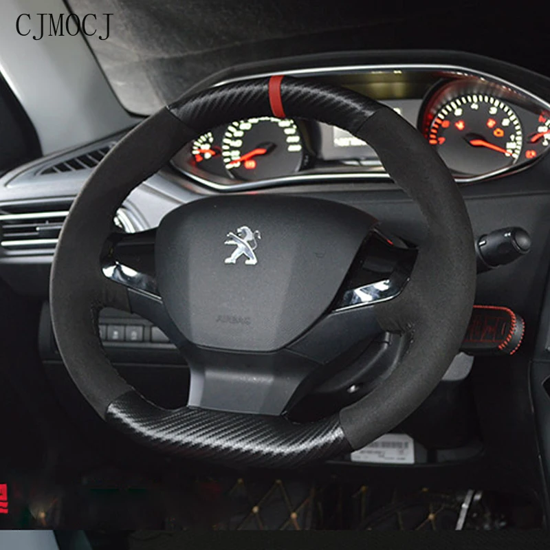 

for Peugeot 3008 2008 4008 5008 301 307 308 408 508 DIY Hand-Stitched Leather Suede Carbon Fibre Car Steering Wheel Cover