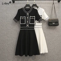 o neck knee length dresses office lady solid pullover summer short sleeve pockets button korean elegant simple womens clothing