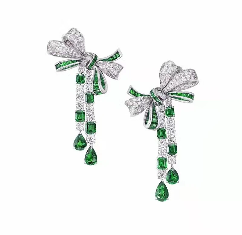 

Trendy Green Emerald Color Zircon Bowknot Tassel Dangle Earring 925 Silver Needle Fashion Jewelry for Women Wedding Party