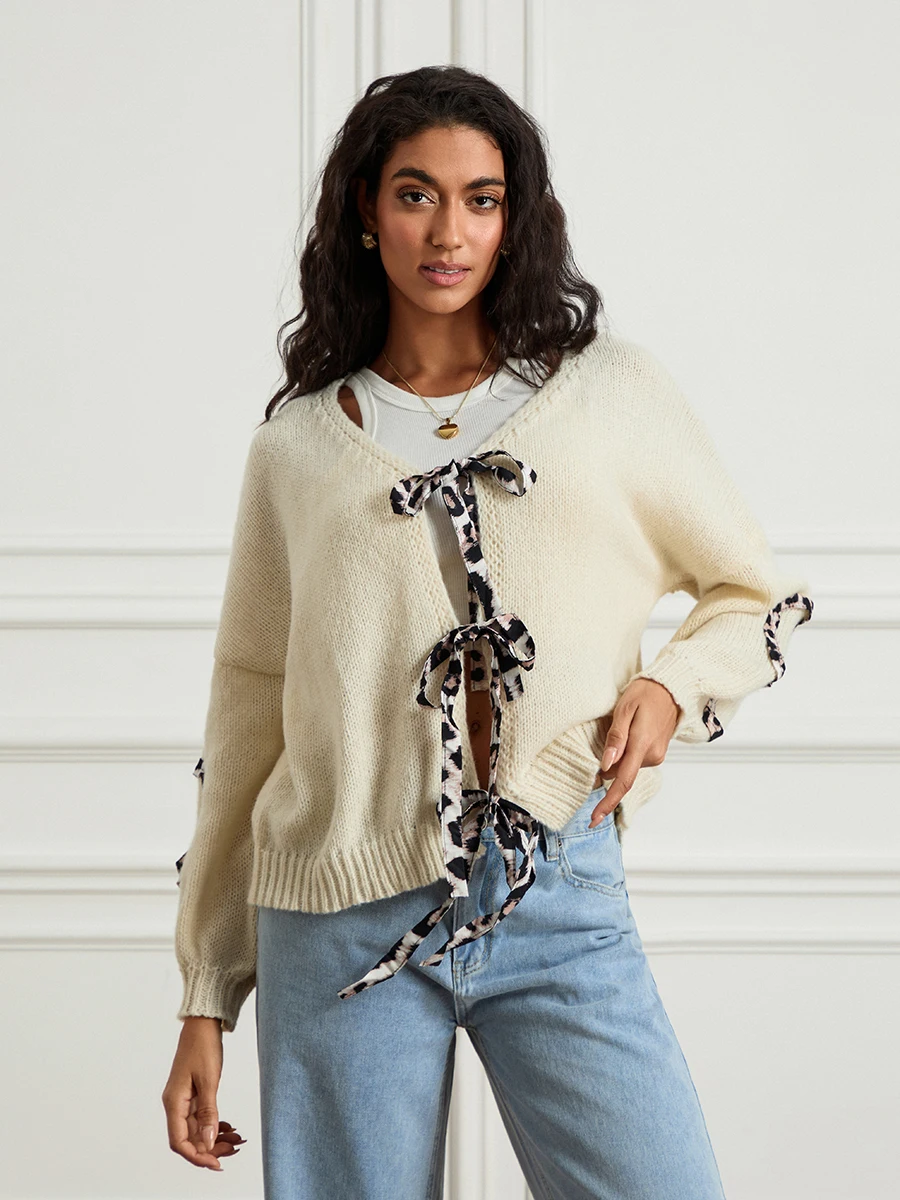 Женский вязаный кардиган с длинным рукавом и завязками в форме сердца осенняя