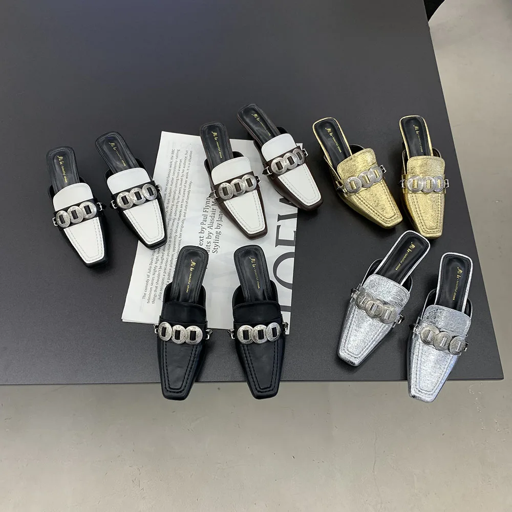 

Square Toe Women Slides Slippers Metal Chain Thin Mid Heels Summer Outside Mules Shoes Black Silver Gold Brown Summer Pumps 39