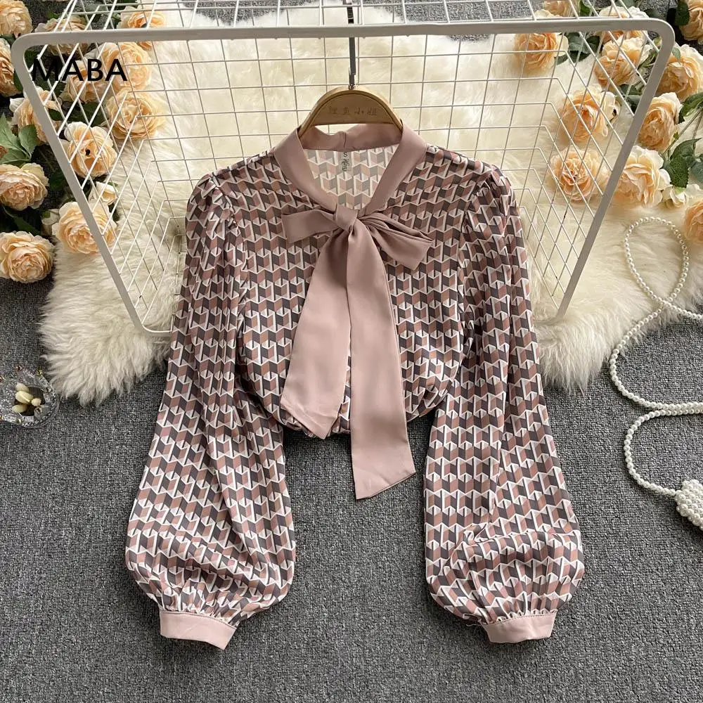

Women Blouse 2022 Spring Female Bow Collar Puff Long Sleeve Loose Blusas Elegant Vintage Print Geometric Office Lady Shirt Top