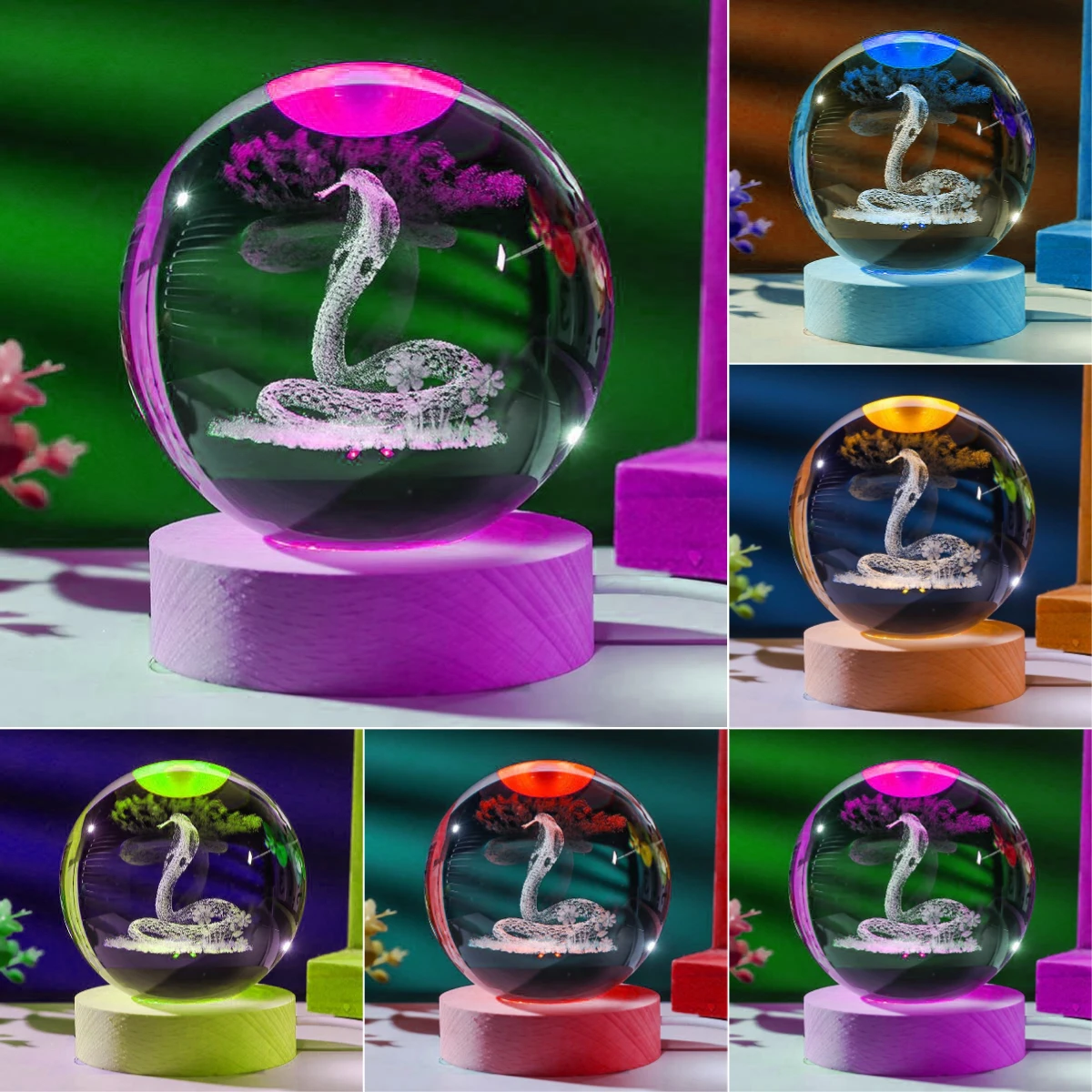 1 Шт. Хрустальная Змея Ночник Деревянная Основа Украшение Для Дома Подарок