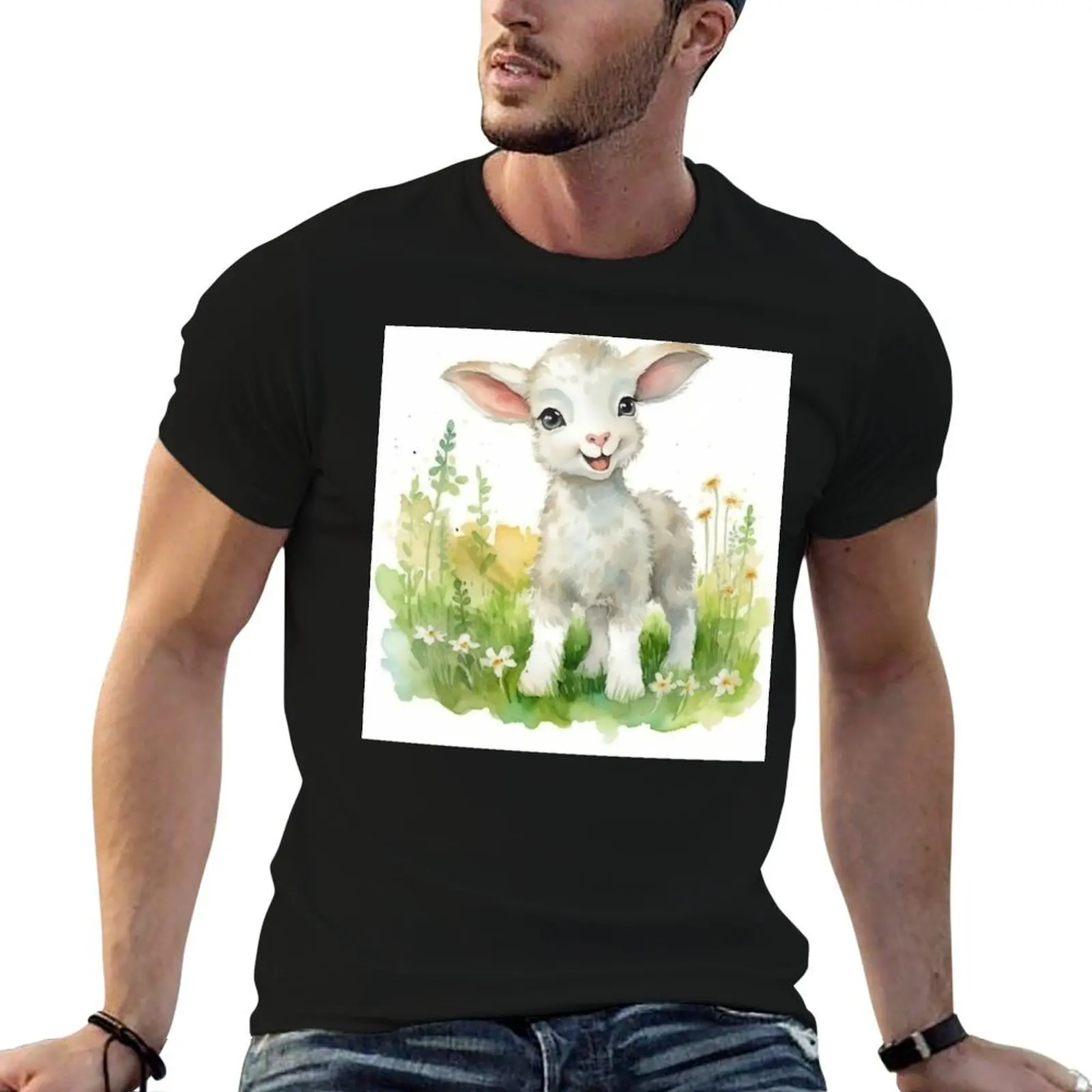 Фото Happy White Lamb - Meadow Friends: детские акварельные принты от Mila van Meer, хлопковая футболка, мужская футболка, футболка для мужчин №1