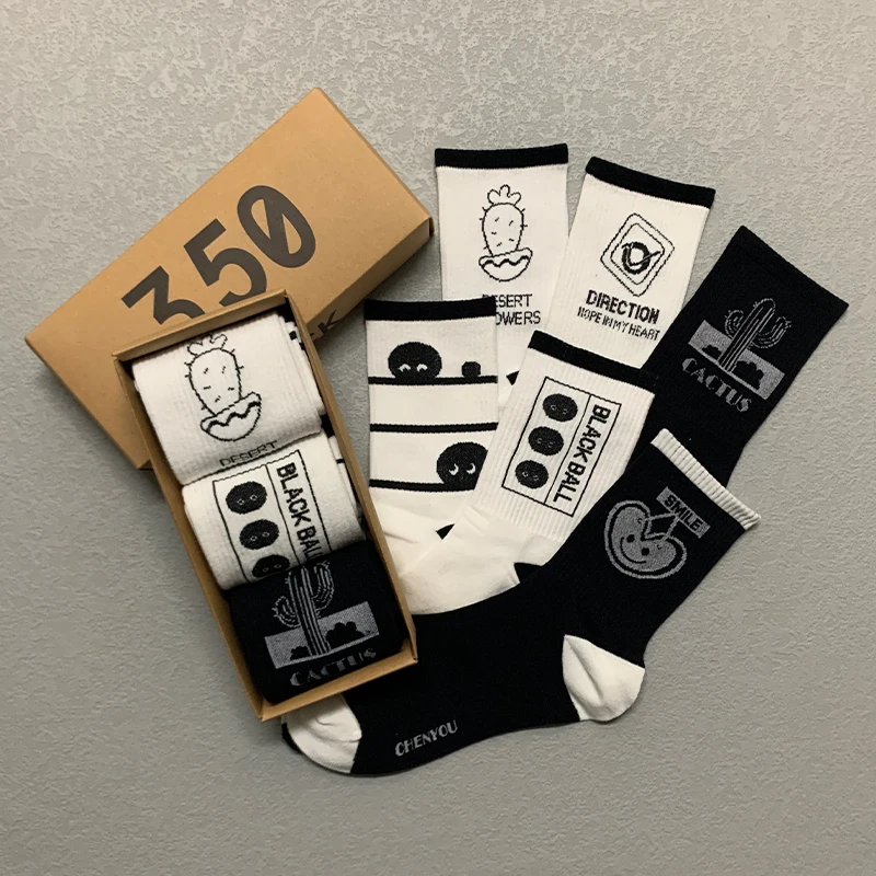 3 Pairs/Box Simple Letter Cactus Stockings Cotton Harajuku Black White Smile Soft Fashion Funny Long Men Women Socks Gifts Pack