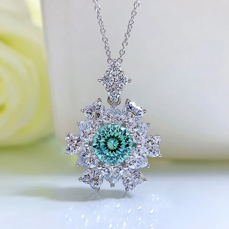 

925 Sterling Silver Necklace Inlay 4Ct Synthetic Paraiba Created Diamonds Flower Pendant Chain Fireworks Cut High-end Jewelry