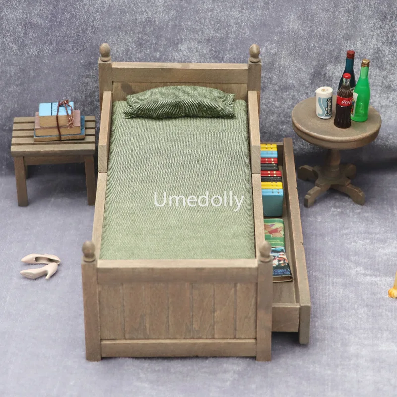 1:12 Scale Miniature Dollhouse Antique Bed with Drawer Pretend Play Bedroom Furniture for OB11 Doll Accessories Toy |