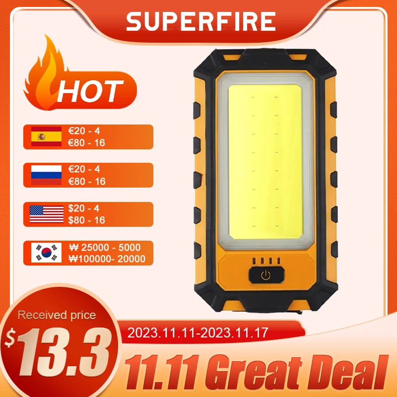 

Latest SUPERFIRE Powerful COB LED Work Light TYPE-C Rechargeable Power Bank Waterproof with Magnet Power Display Camping Lantern