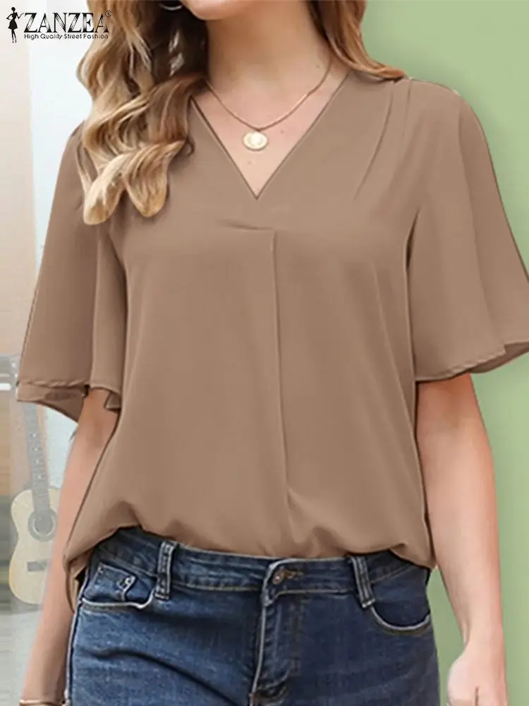 

ZANZEA Half Sleeve Blouse Chemise New Summer Woman Solid V-Neck Shirt Femme Fashion Casual Loose Elegant Work OL Thin Tops 2022
