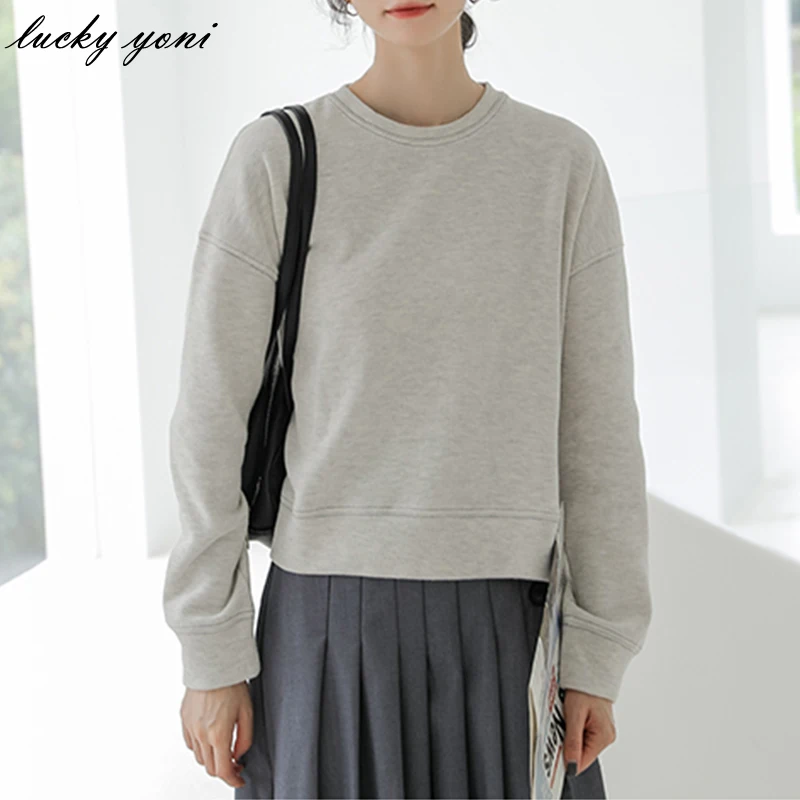 

Yoni Cropped Fleece Sweatshirts Women Trendy Solid Soft O-neck Pullovers Female Casual Loose Thin Long Sleeve Tops 2021