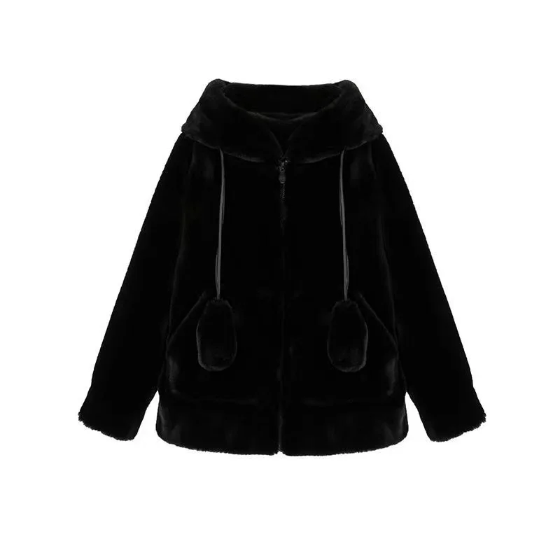 Winter Fluffy Jacket with Rabbit Ears Raglan Sleeve Zipper Oversize Light Soft Harajuku Kawaii Faux Fur Hoodie 2021 White Parkas