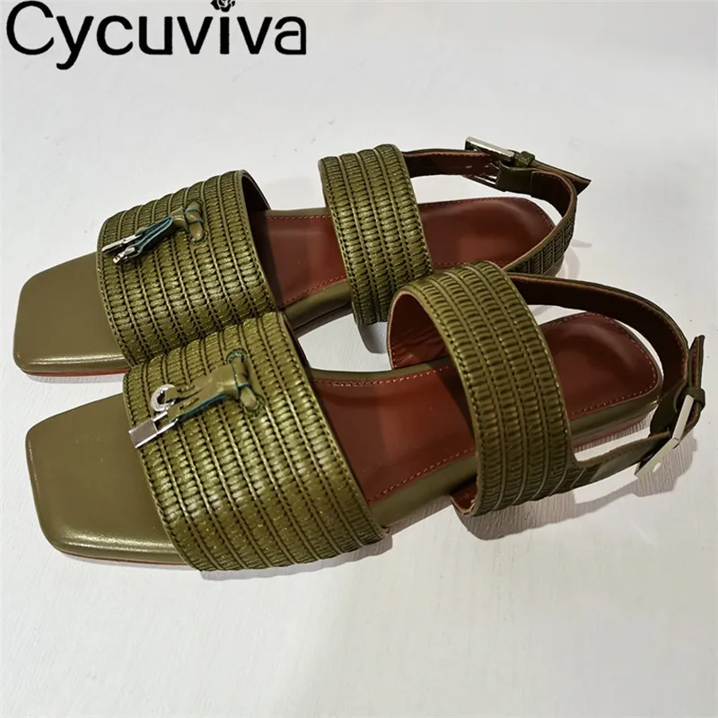 

Sexy Peep Toe Flat Sandals Women Metal Lock Tassel Mules Casual Beach Shoes Summer Walk Party Designer Flat Leather Shoes Woman