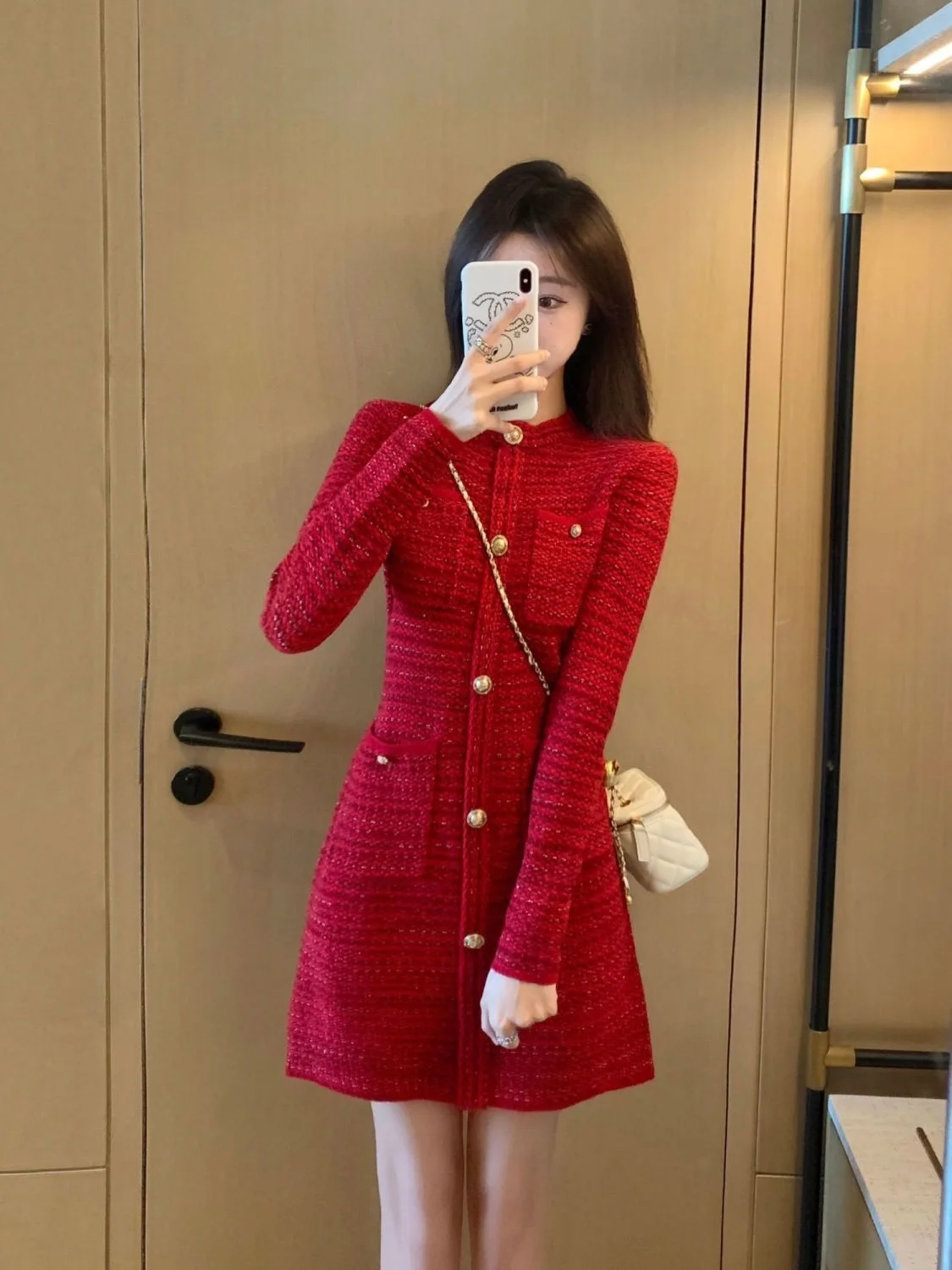 

2022 Autumn winter new in Chic Red knit dress women long sleeves O-Neck Button elegant Party dresses