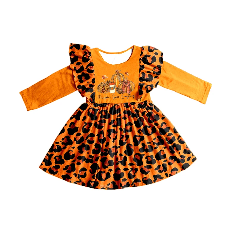 

Kids Halloween New Long Sleeve Crew Neck Pumpkin Letter Print Leopard Dress and T-Shirt Girls Outfit