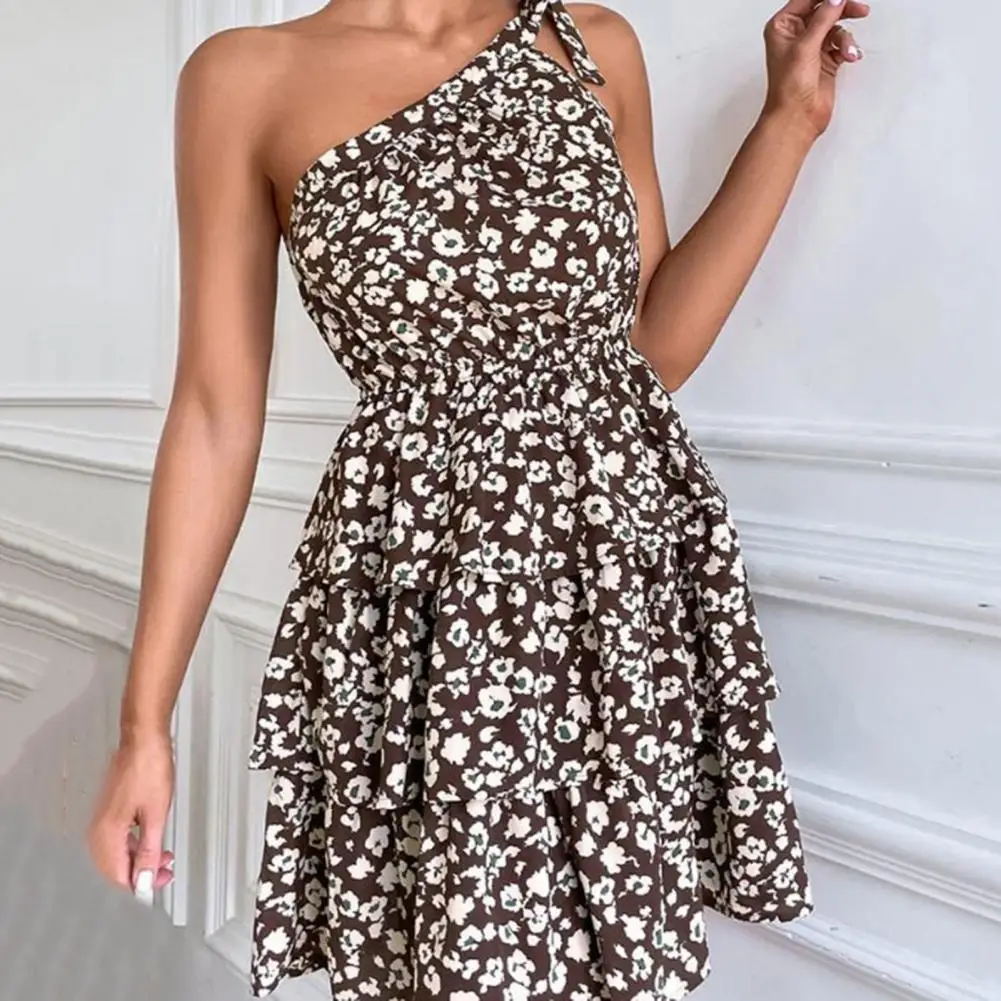 

Floral Print Waist Tight Ruffle Stacked Hem Mini Dress One Shoulder Skew Collar Casual Party Dress Female Clothes