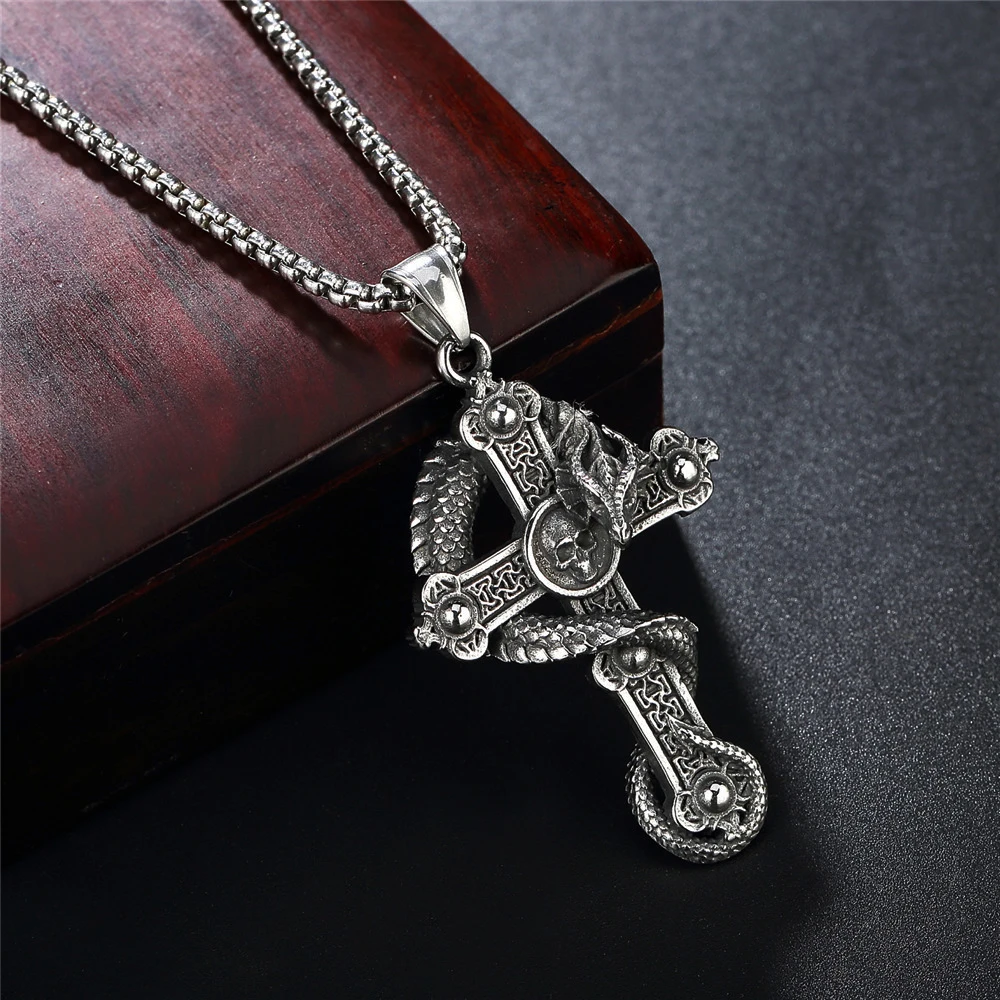 Gothic Cross Dragon Pendant Necklace Men Vintage Stainless Steel Cross Skull Necklace Men's Chain Jewelry Gift Wholesale