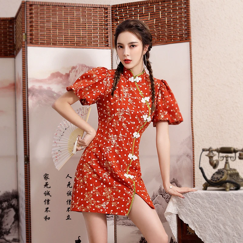 

Traditional Chinese Style Floral Cheongsam Dress 2022 New Fashion Classic and Elegant Slim High Waist Skirt Short Sleeves Sexy
